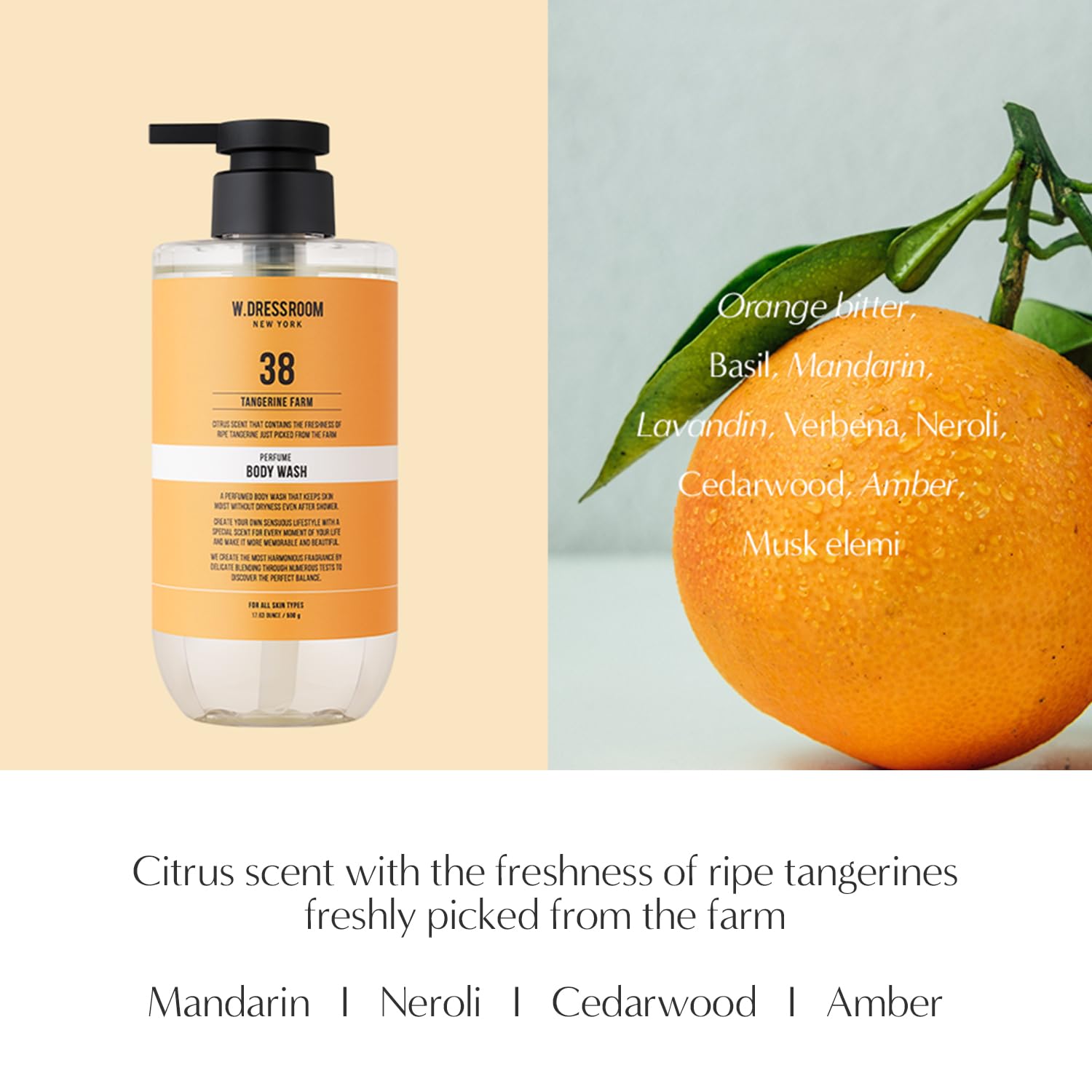 Korean Body Wash packaging highlights all skin types and scent layering possibilities.