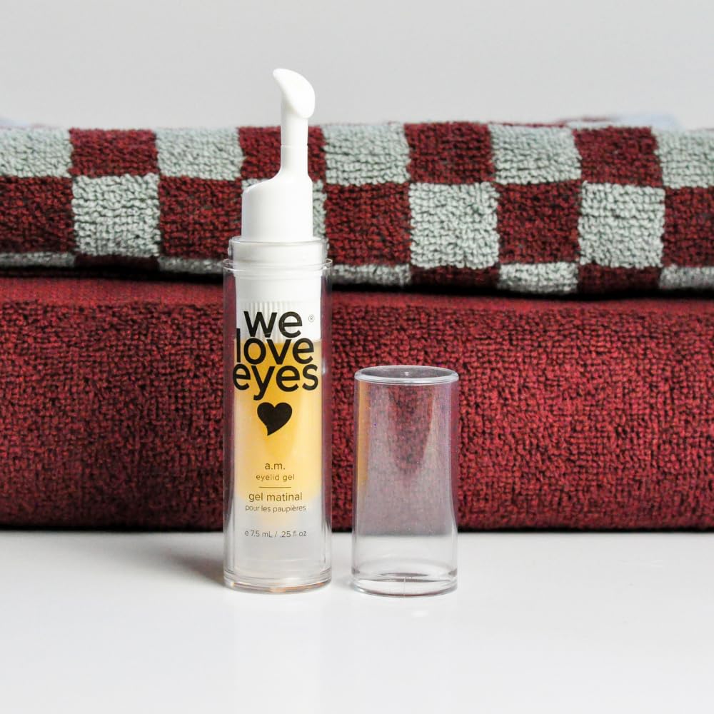 We Love Eyes A.M. Eyelid Gel close-up showing smooth, gentle application.