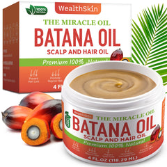 Wealthskin Batana Oil bottle for hair growth mask promotes fuller, healthier hair.