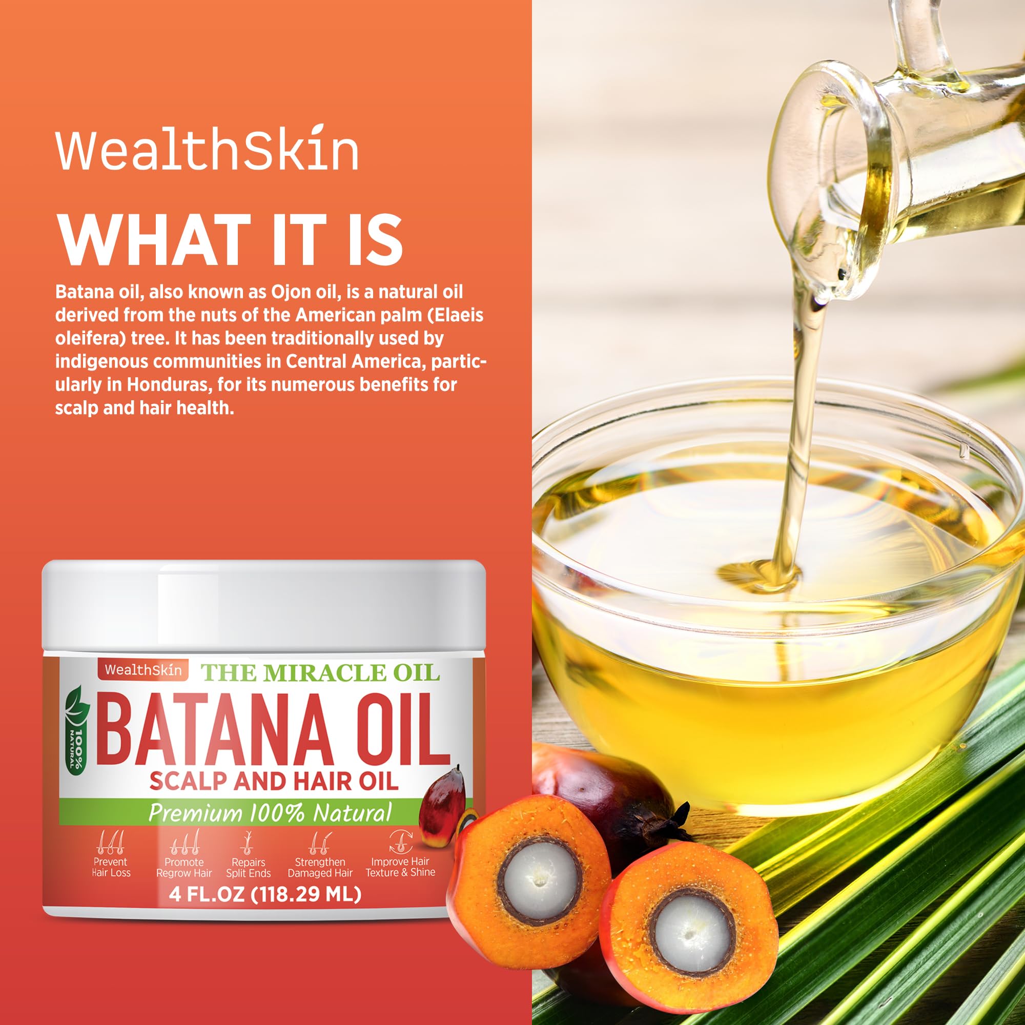 Wealthskin Batana Oil natural ingredients provide vitamin E and essential fatty acids.