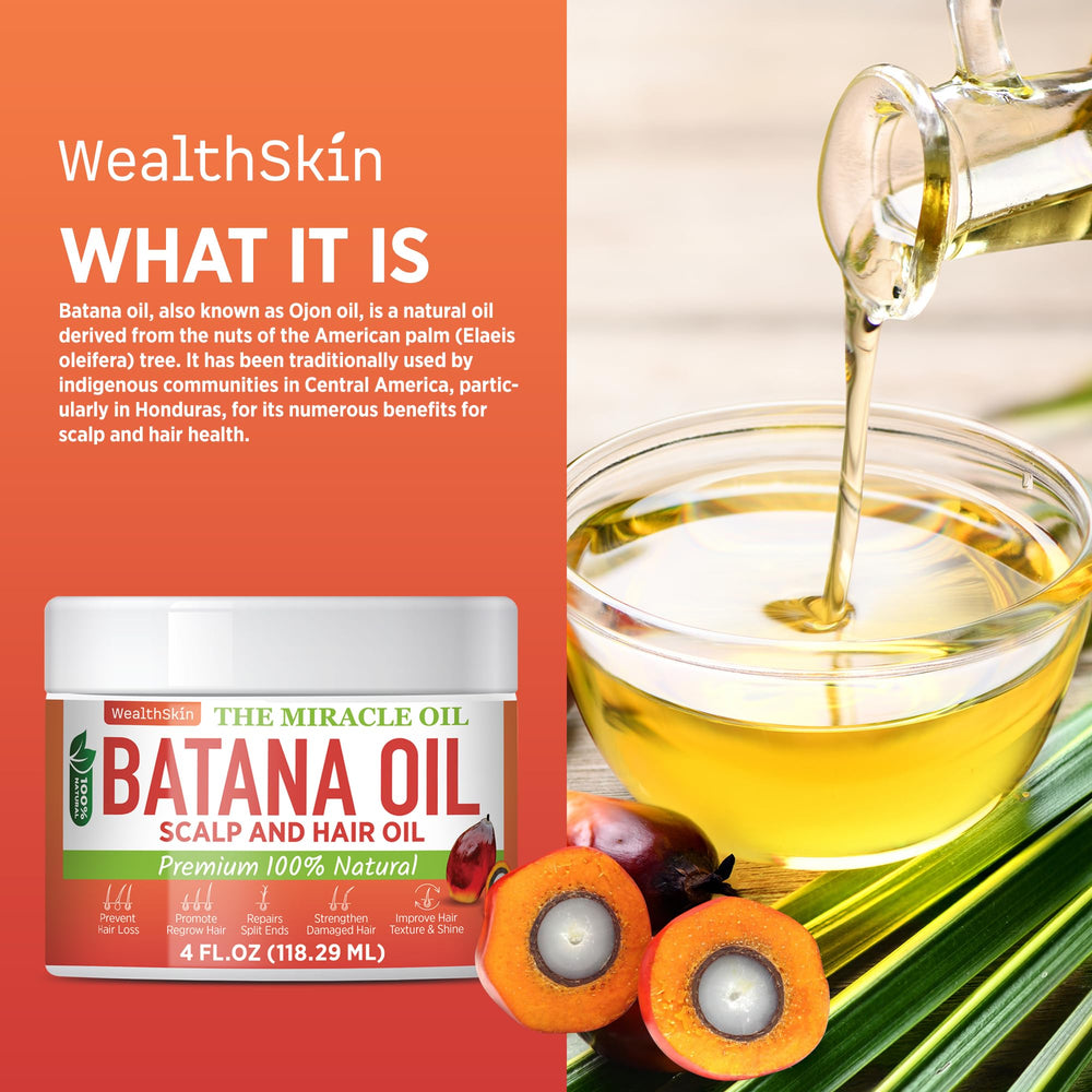 Wealthskin Batana Oil natural ingredients provide vitamin E and essential fatty acids.