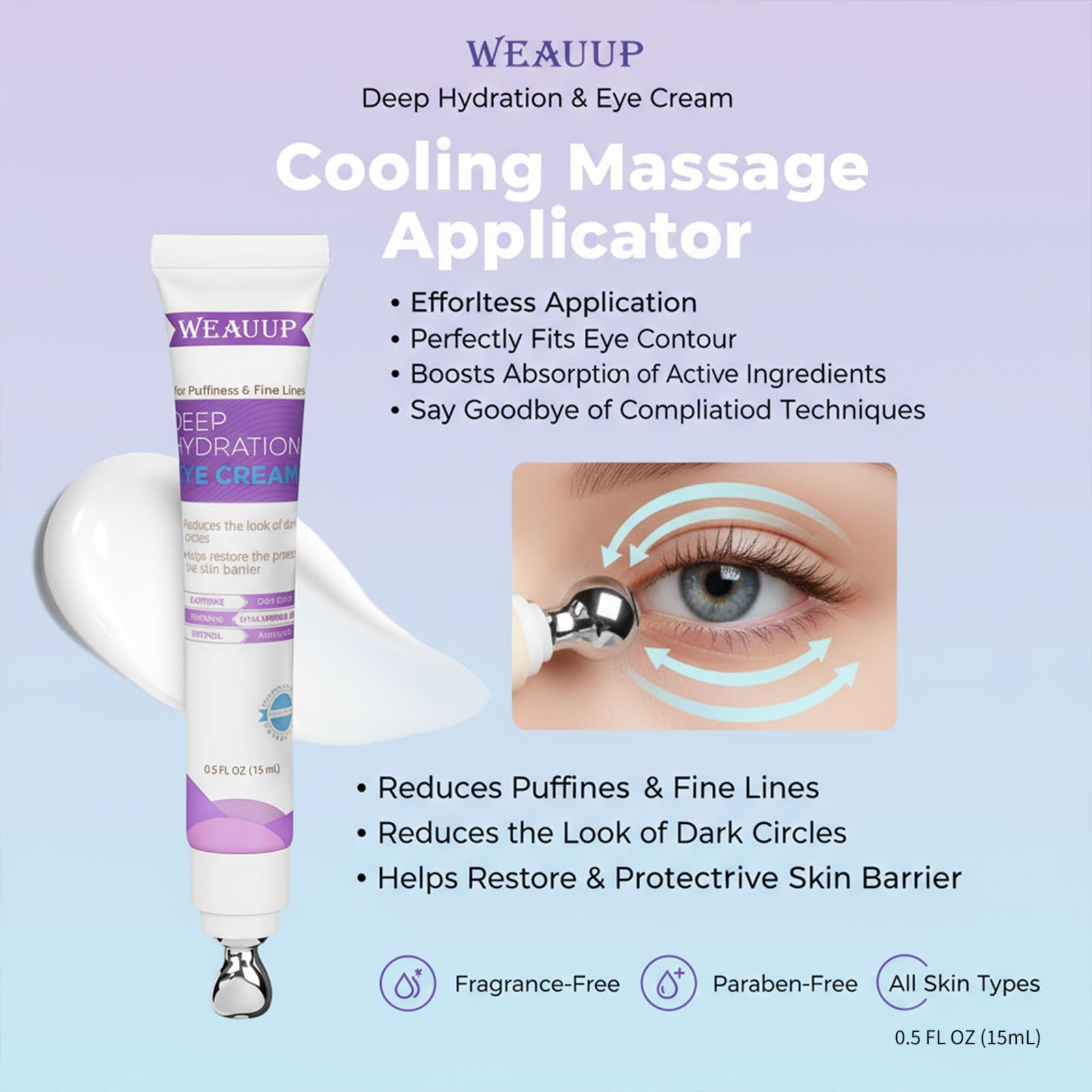 WEAUUP eye cream application close-up demonstrating moisturized under-eye skin