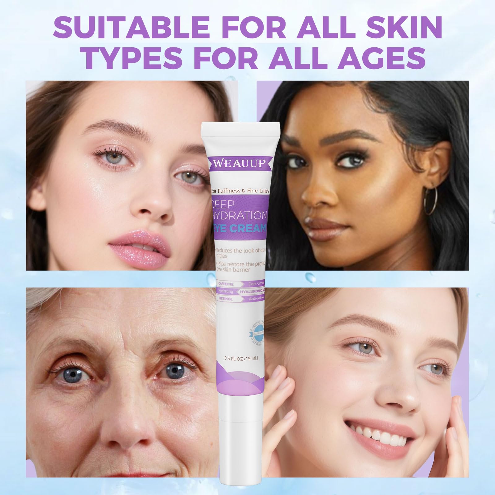 WEAUUP eye cream texture shown as a lightweight gel with fast absorption