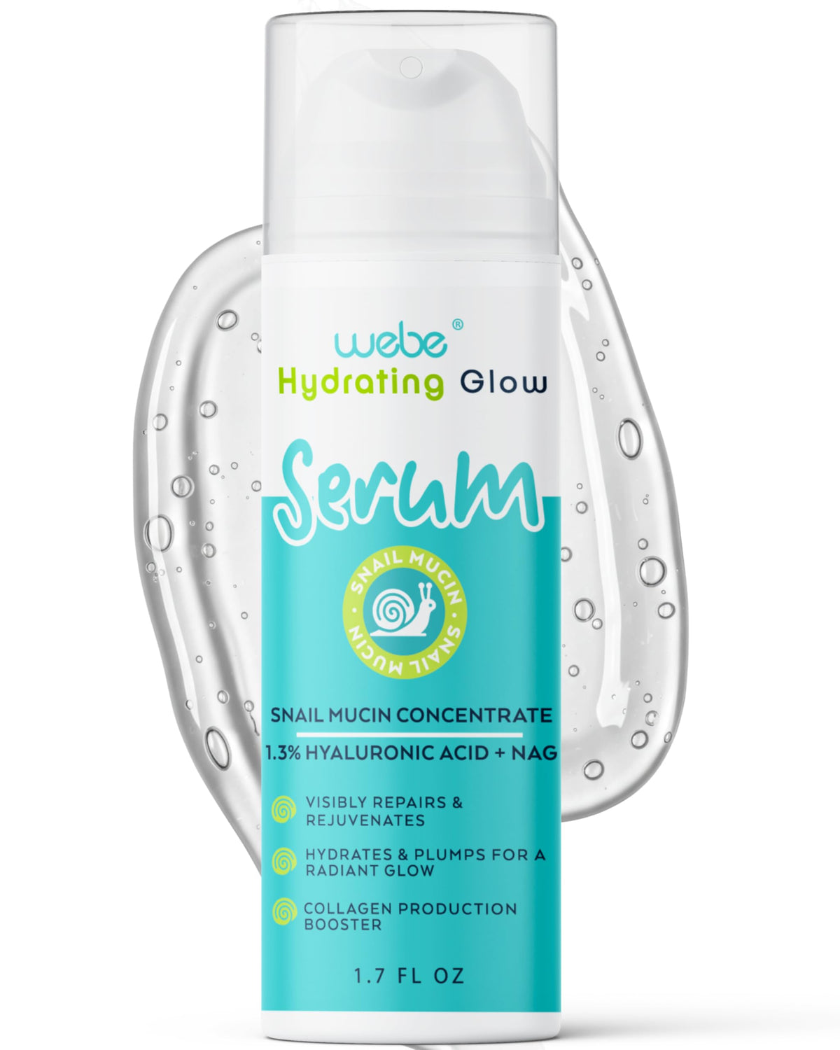 WEBE Naturals snail mucin 94% serum bottle shows a lightweight, hydrating skincare ritual.