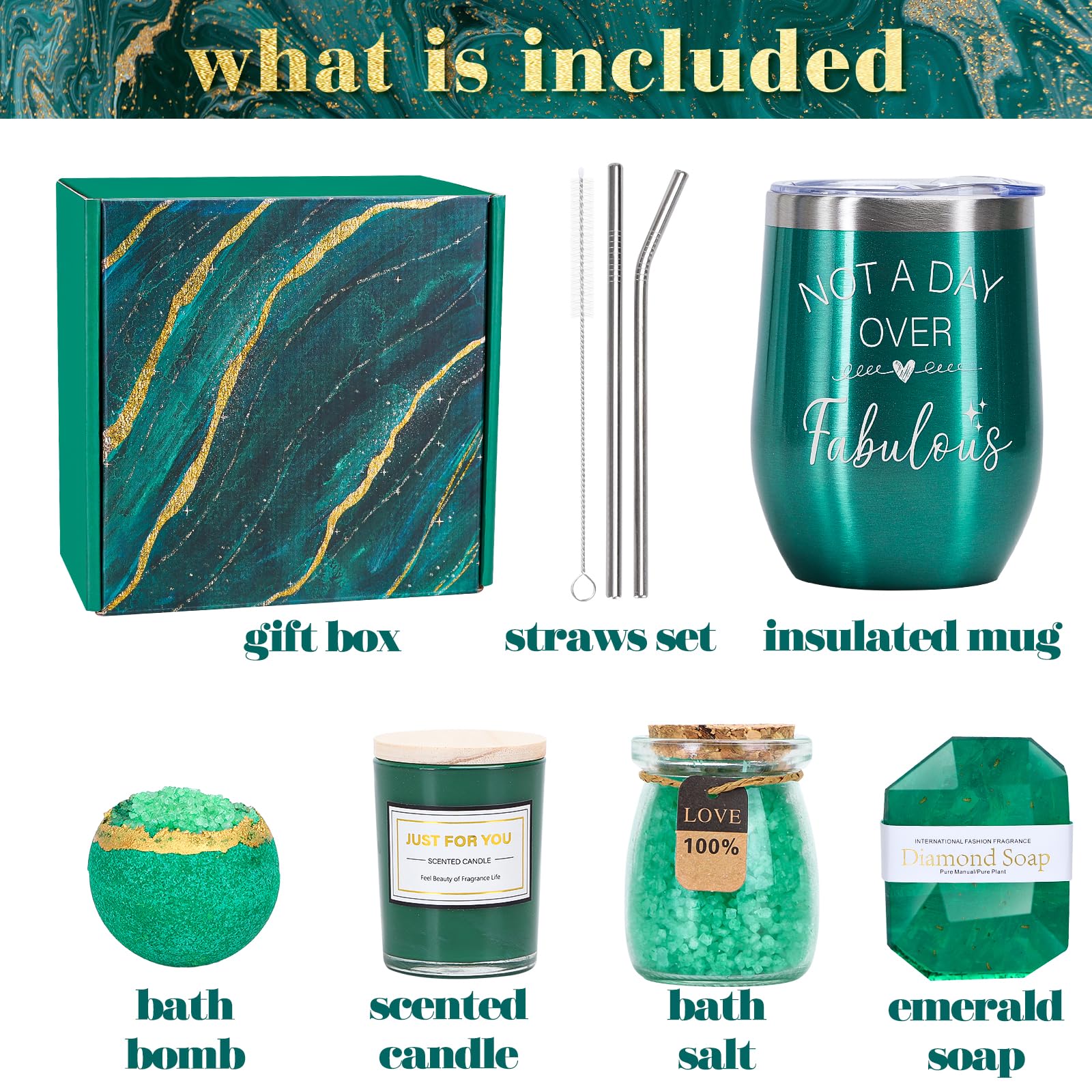 WECURATED emerald gift basket spa set showing spa treats for indulgent relaxation