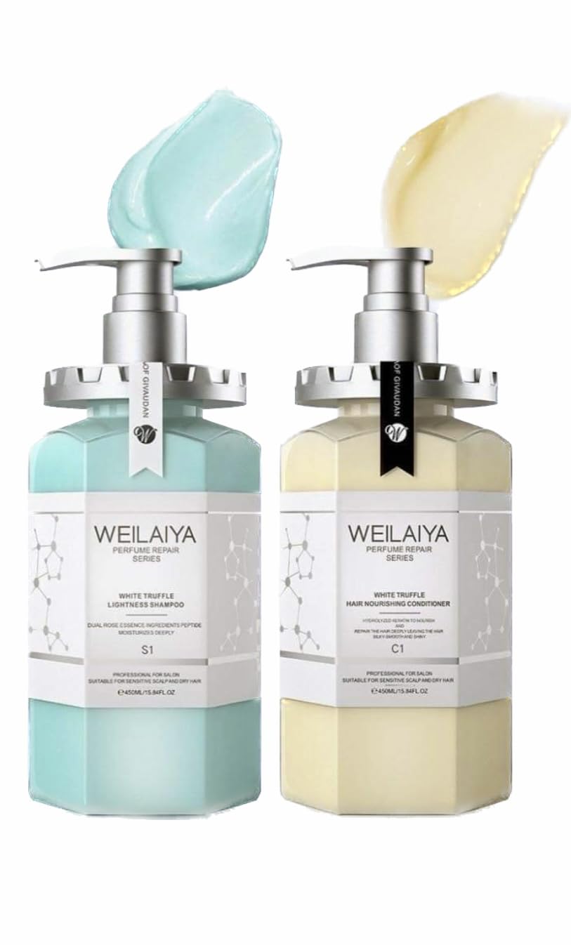 Weilaiya White Truffle Shampoo bottle front for all hair types, frizz control