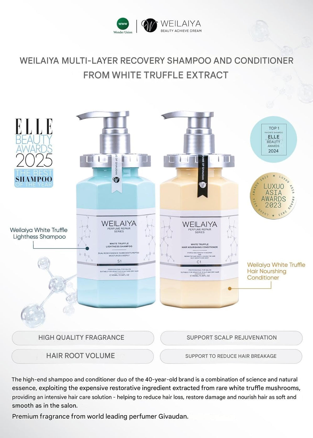 Weilaiya White Truffle Shampoo closeup label, premium spa-inspired formula
