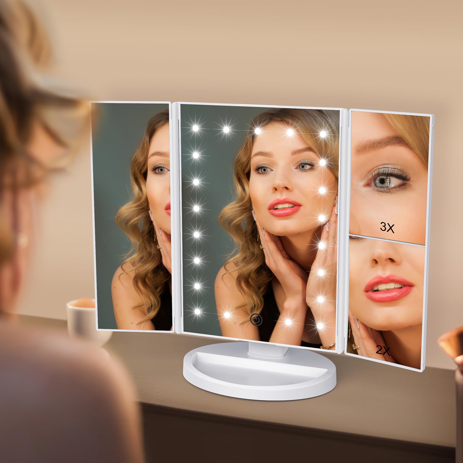 WEILY makeup mirror offers 1x-2x-3x magnification for precise eyeliner and brows.