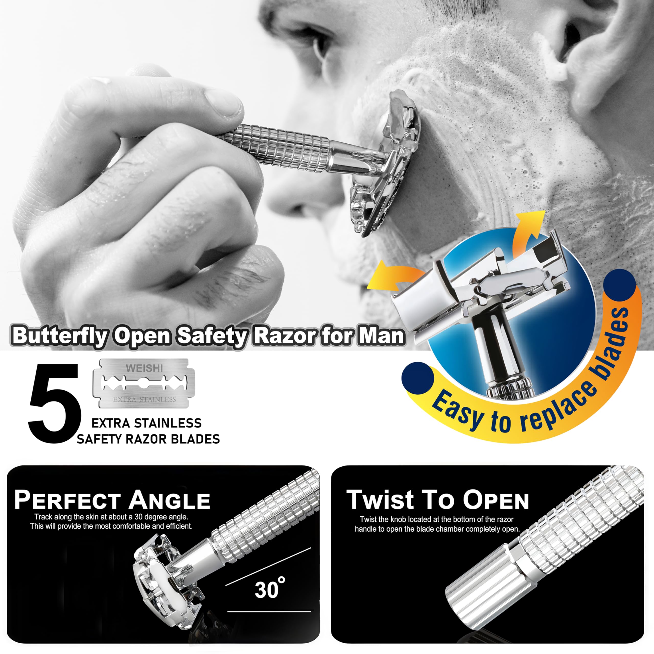 WEISHI chrome short-handle razor shown in profile for easy grip and precision