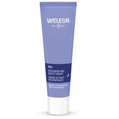 Weleda Iris Hydrating Night Cream jar nourishes skin overnight for balanced morning glow.