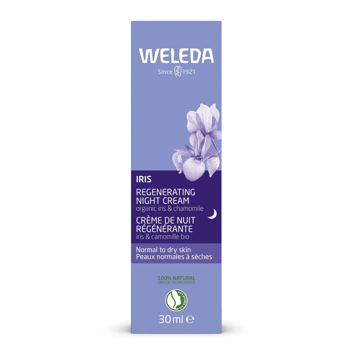 Weleda Iris Hydrating Night Cream box and jar packaging highlights natural, plant-based care.
