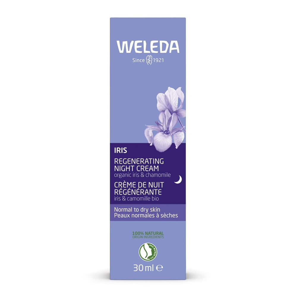 Weleda Iris Hydrating Night Cream box and jar packaging highlights natural, plant-based care.