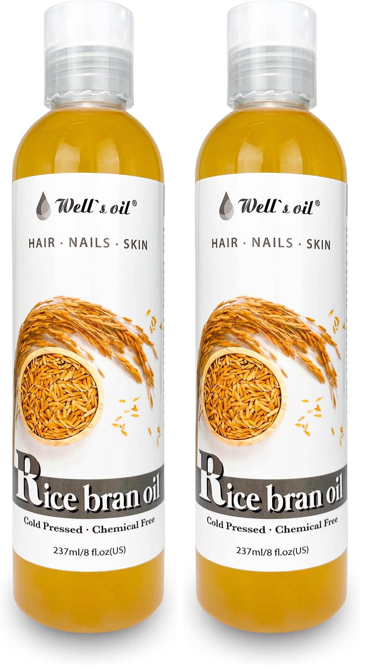 Well's Oil Rice Bran Oil bottle shows pure carrier oil for face, body, and hair.