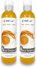 Well's Oil Rice Bran Oil bottle shows pure carrier oil for face, body, and hair.