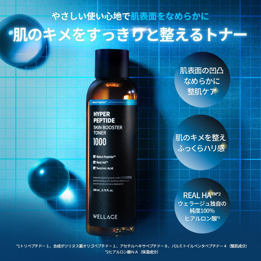 Wellage Hyper Peptide Toner packaging closeup with premium branding and pore-refining promise.