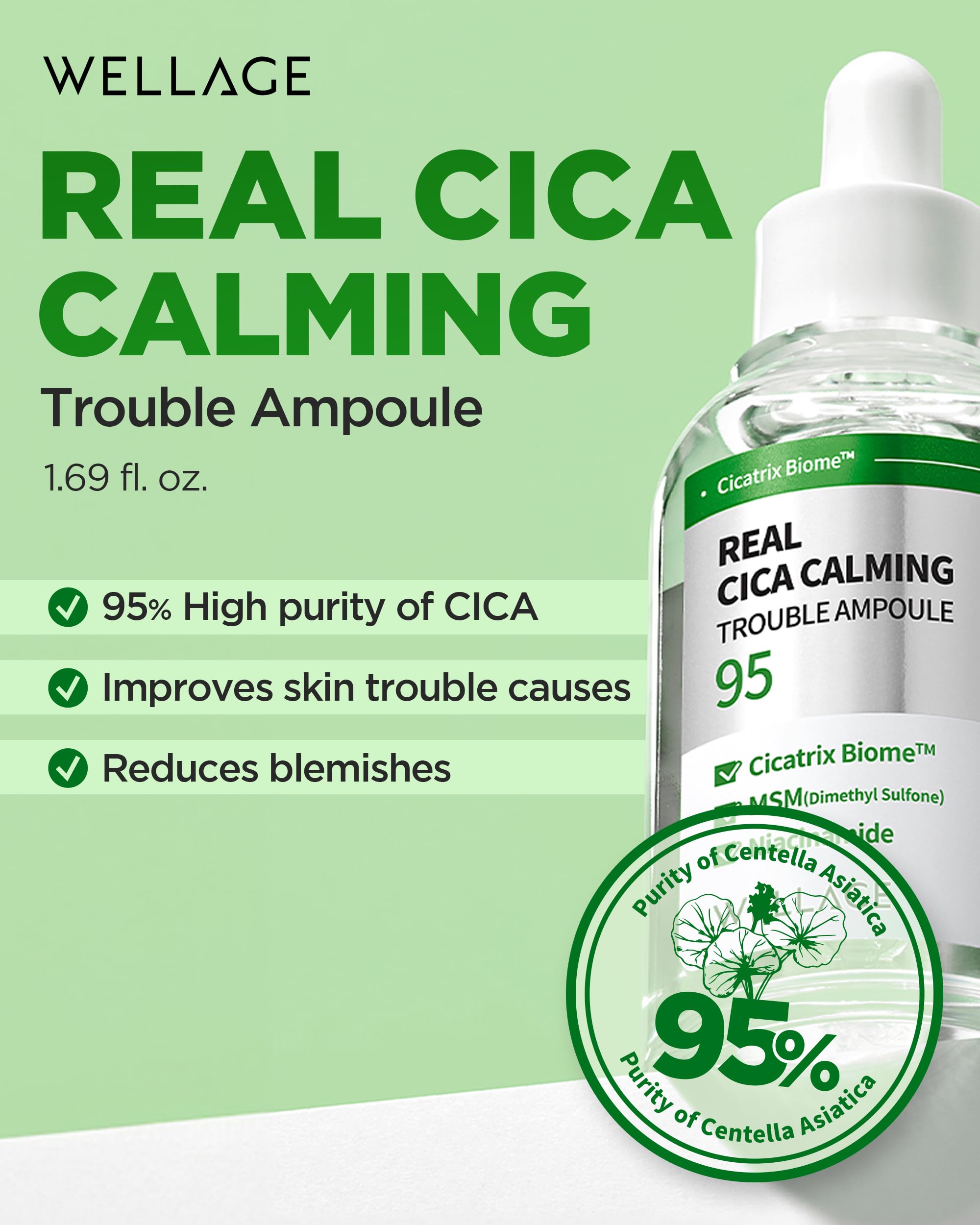 Wellage Real Cica Ampoule ingredients close-up highlight Madecassoside and Centella for soothing care.