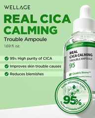 Wellage Real Cica Ampoule ingredients close-up highlight Madecassoside and Centella for soothing care.