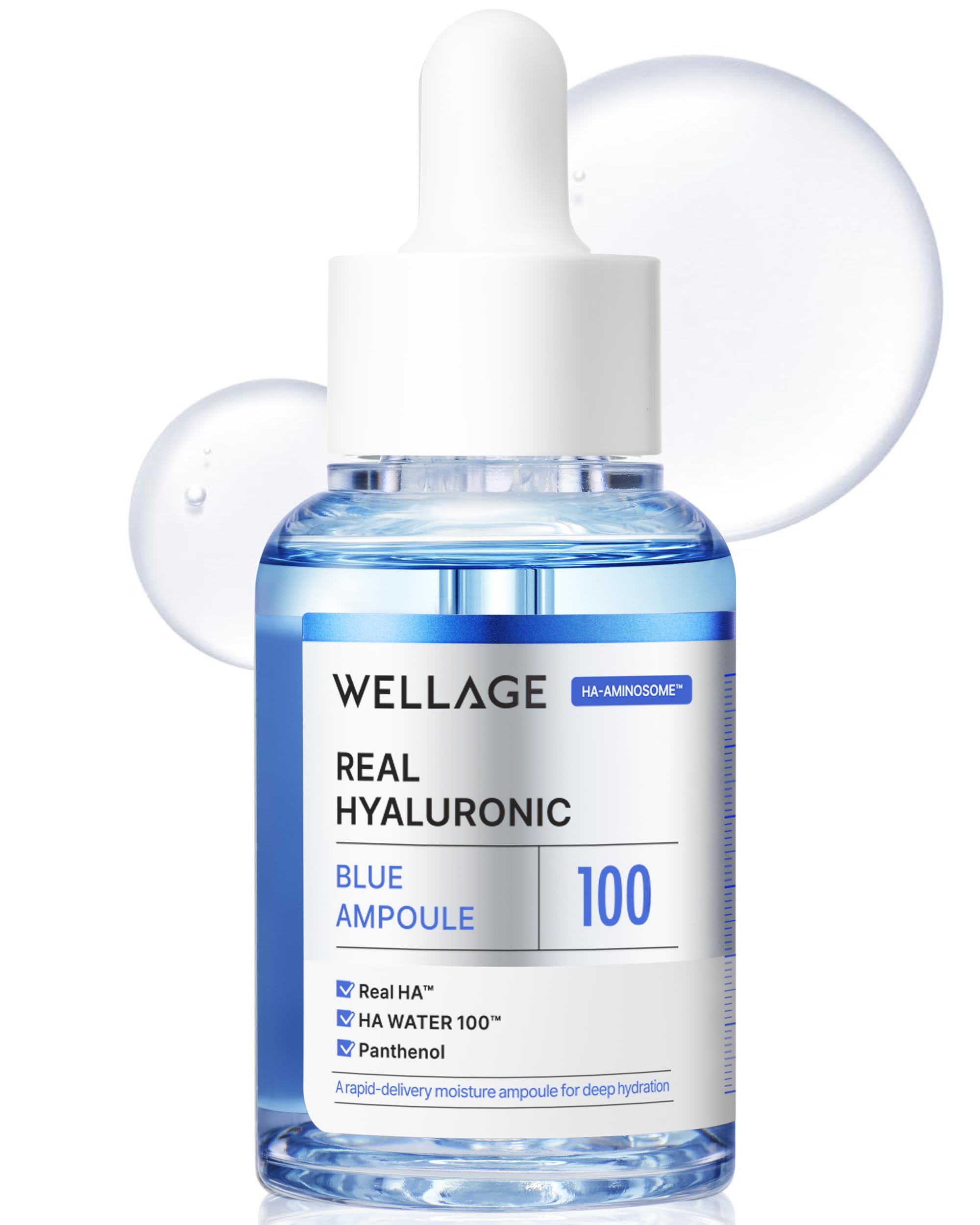 WELLAGE Real Hyaluronic Blue Ampoule bottle demonstrates deep hydration for dry, sensitive skin
