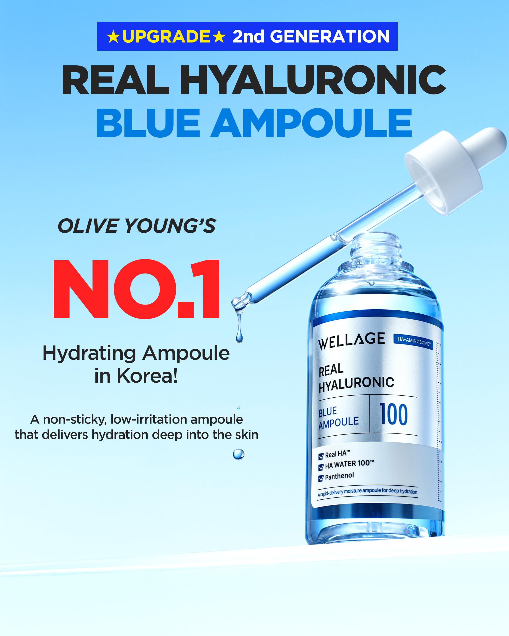 WELLAGE Real Hyaluronic Blue Ampoule serum swirl hints at an even, radiant complexion