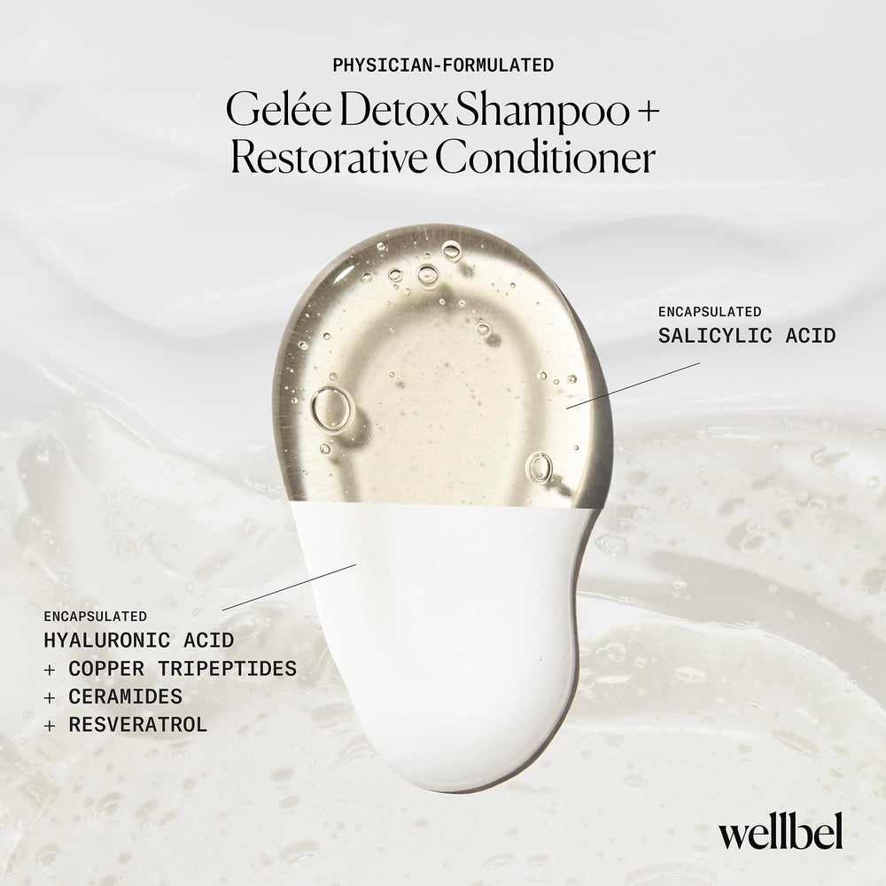WELLBEL Detox + Restore scalp close-up illustrating cleansing of buildup