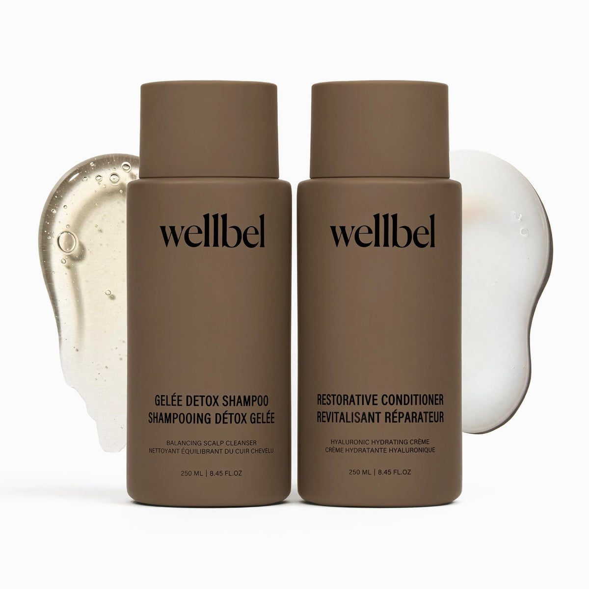WELLBEL Detox + Restore shampoo bottle showing the 2-step system for scalp refreshment