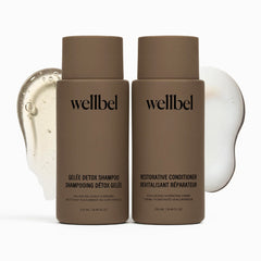 WELLBEL Detox + Restore shampoo bottle showing the 2-step system for scalp refreshment