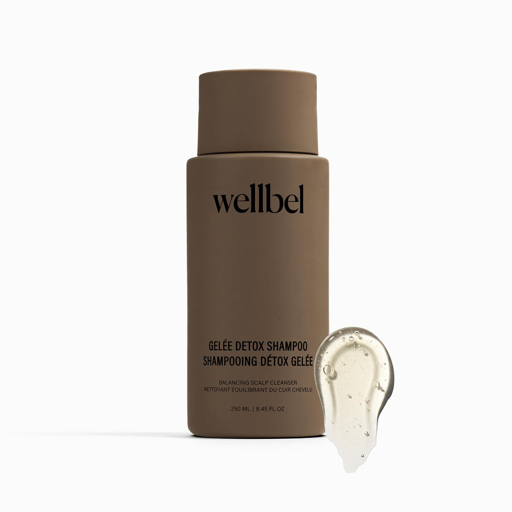 WELLBEL Gelée Detox Shampoo bottle demonstrates a pH-balanced scalp care formula.