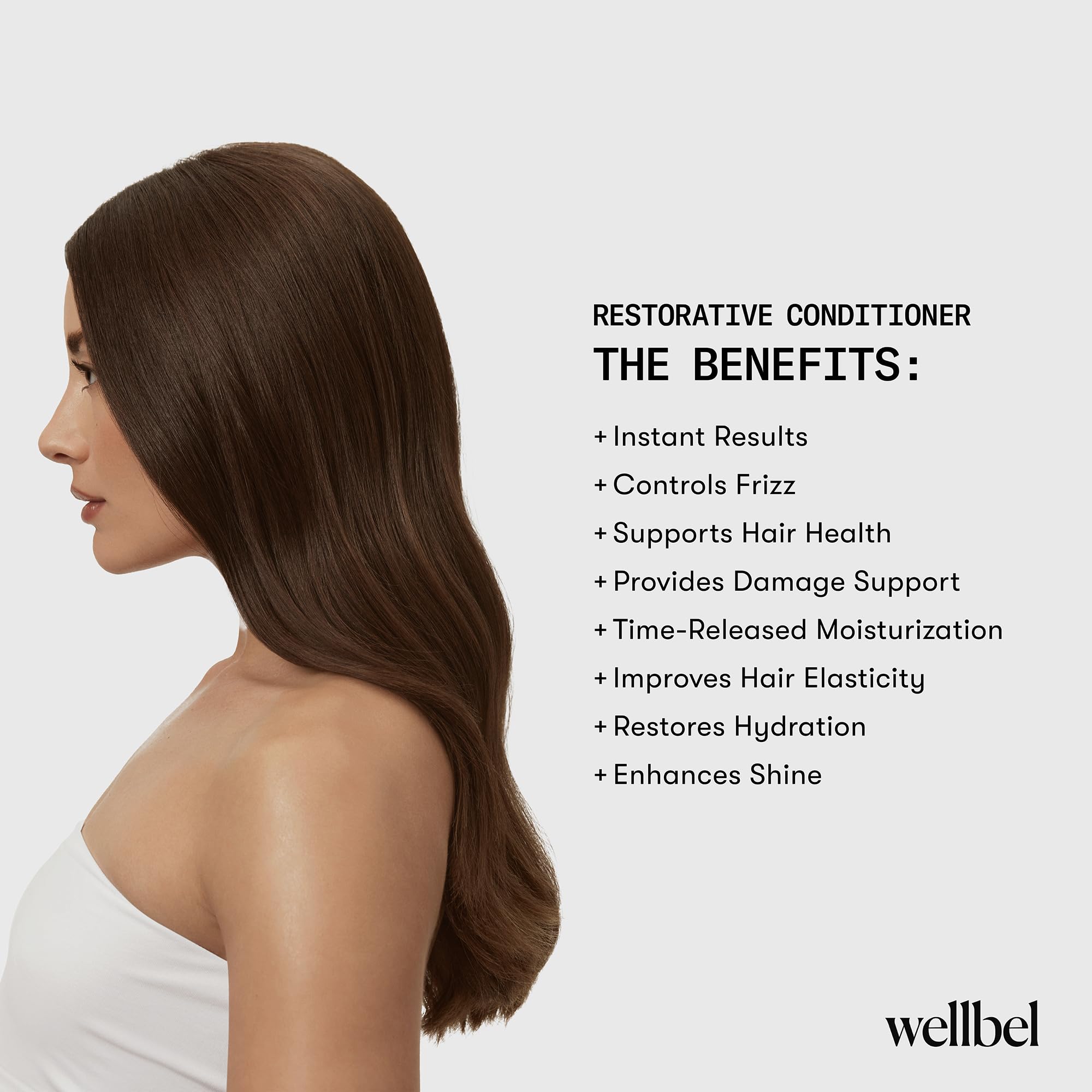 WELLBEL Restorative Conditioner frizz-control action shown on flyaways