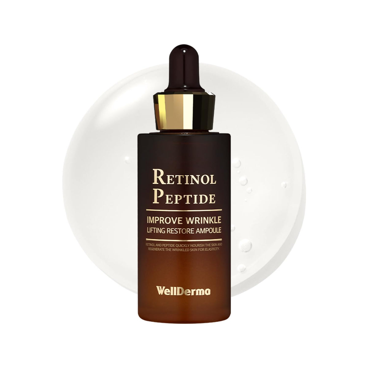 WELLDERMA Retinol Peptide Restore Serum bottle showing hydration and glow.
