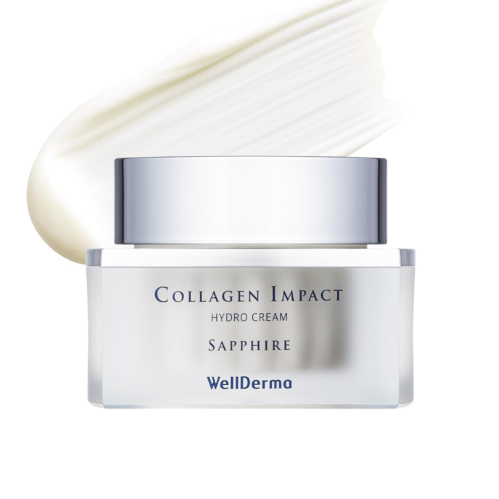 WELLDERMA Sapphire Collagen Impact Hydro Cream jar showing rich hydration for daily use