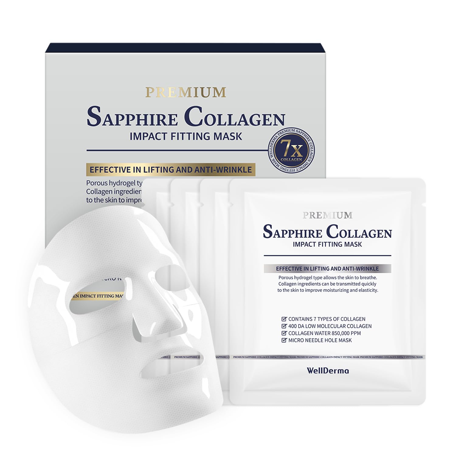 Wellderma Sapphire mask packaging closeup highlighting hydrogel technology for daily hydration.