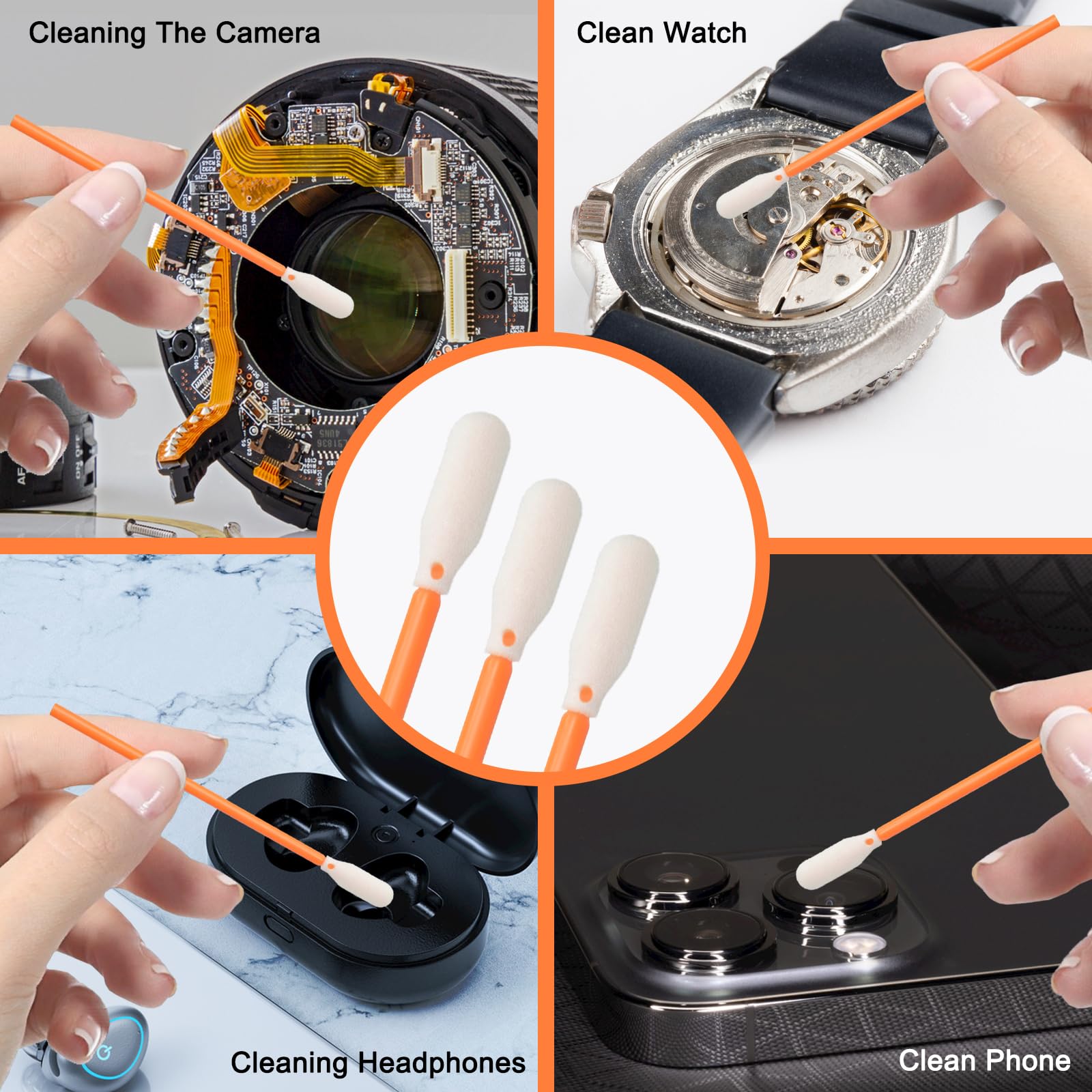 Wellgler KM722 orange foam swabs for electronics and precision components.