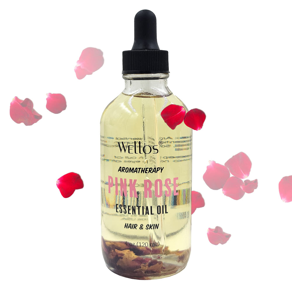 Wellos Aromatherapy essential oil bottle with pink rose for premium skincare