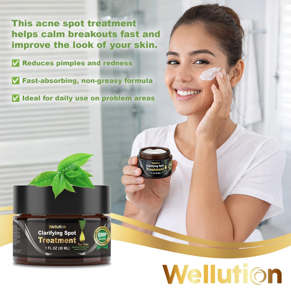 WELLUTION tea tree acne cream bottle highlighting fast-acting, non-greasy formula.