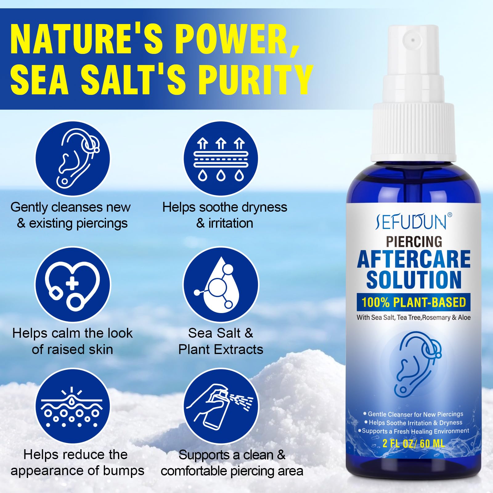 Weluno sea salt spray mist close-up for precise piercing cleansing.