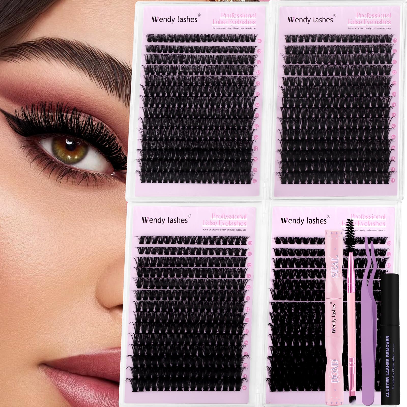 Wendy Lashes bond, seal, remover, and precision tweezers included for DIY use