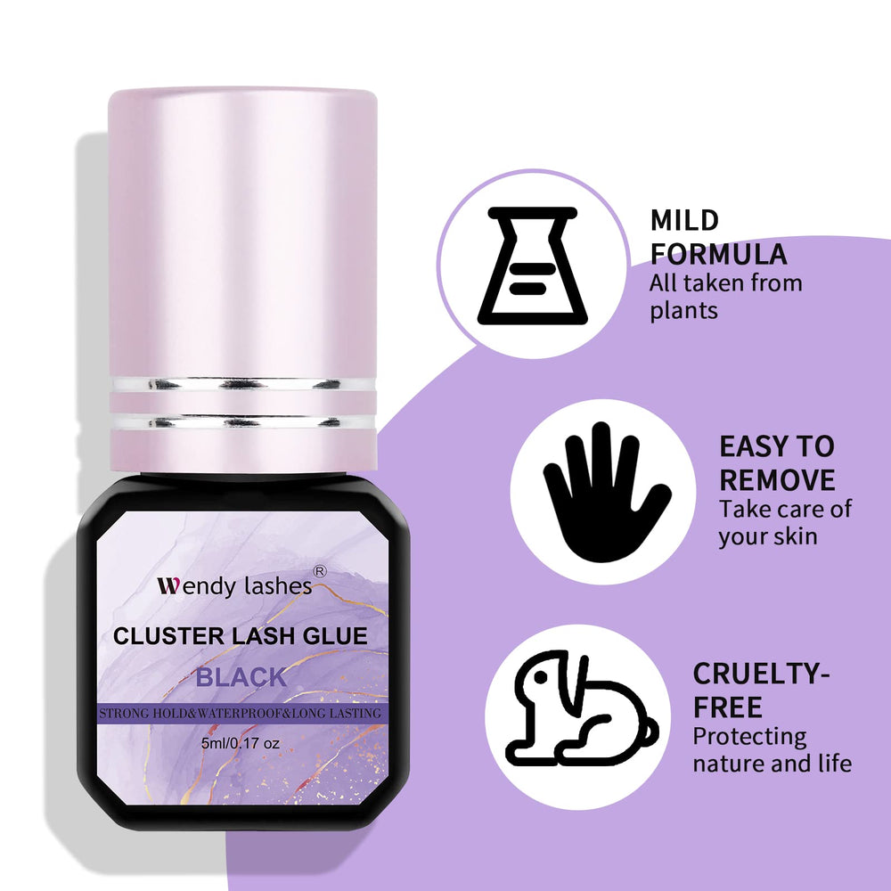 Wendy Lashes cluster glue uses mild formula to reduce irritation.