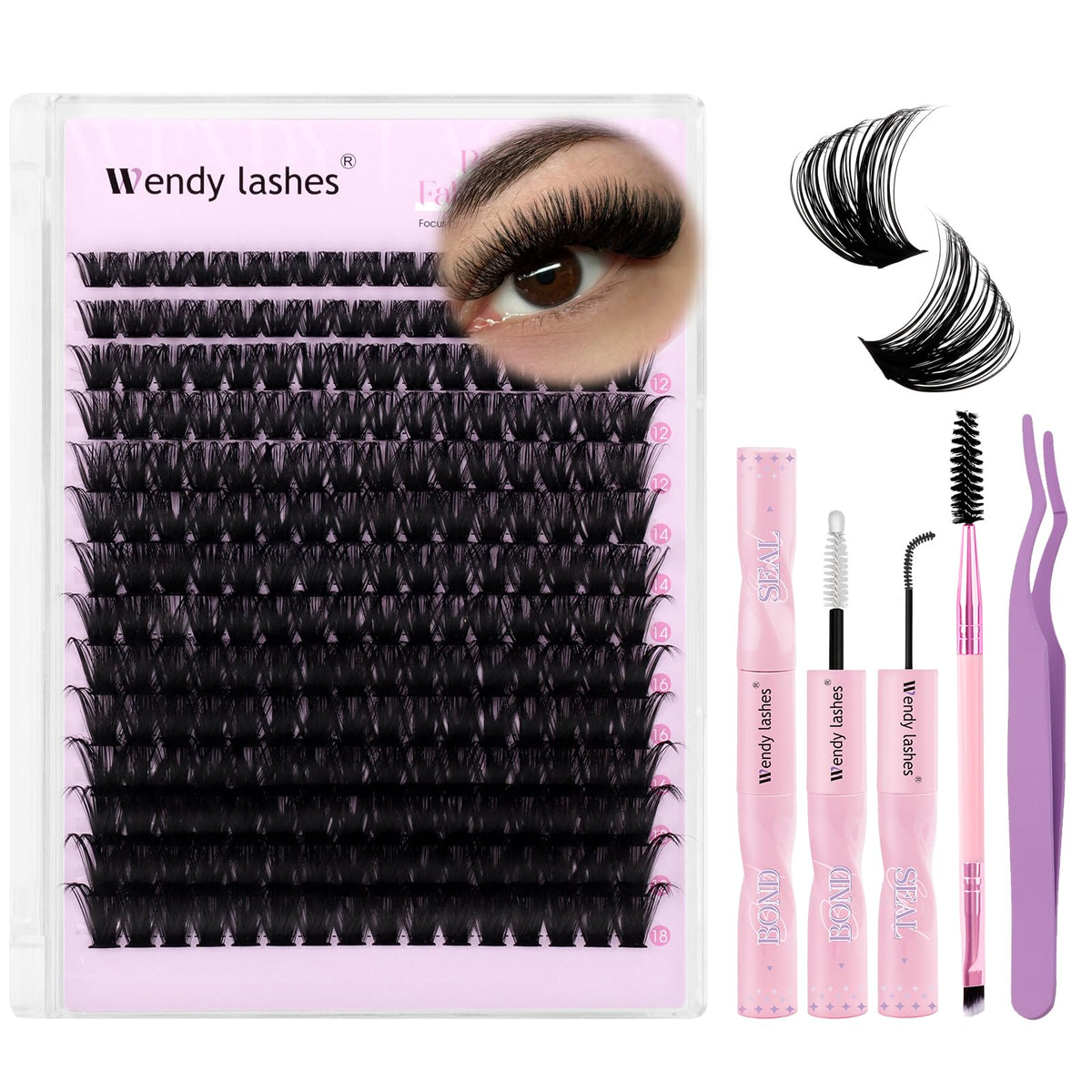 Wendy Lashes DIY kit with 100D wispy clusters for natural volume.