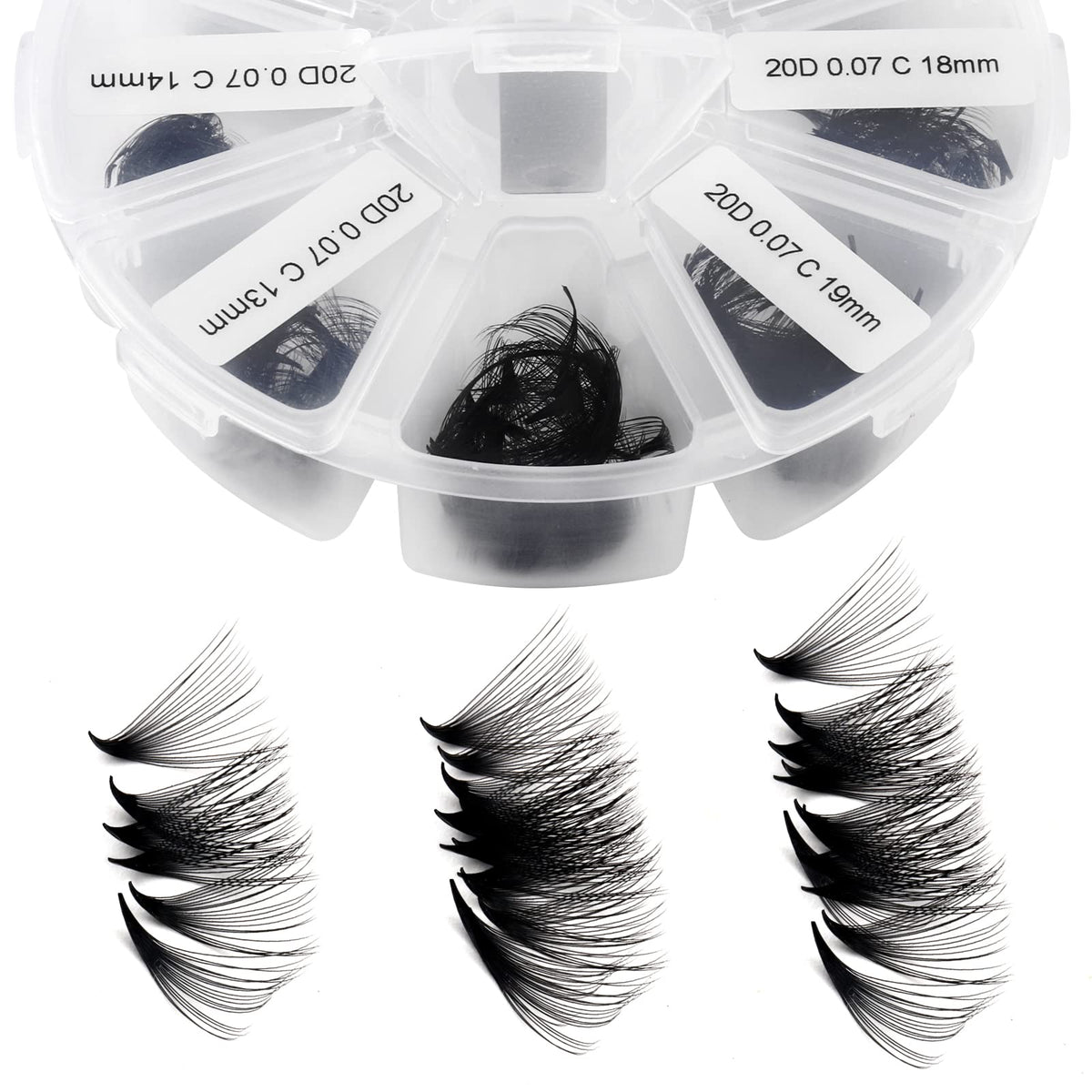 Wendy Lashes premade fans in mixed 9-16mm lengths for fluffy volume.