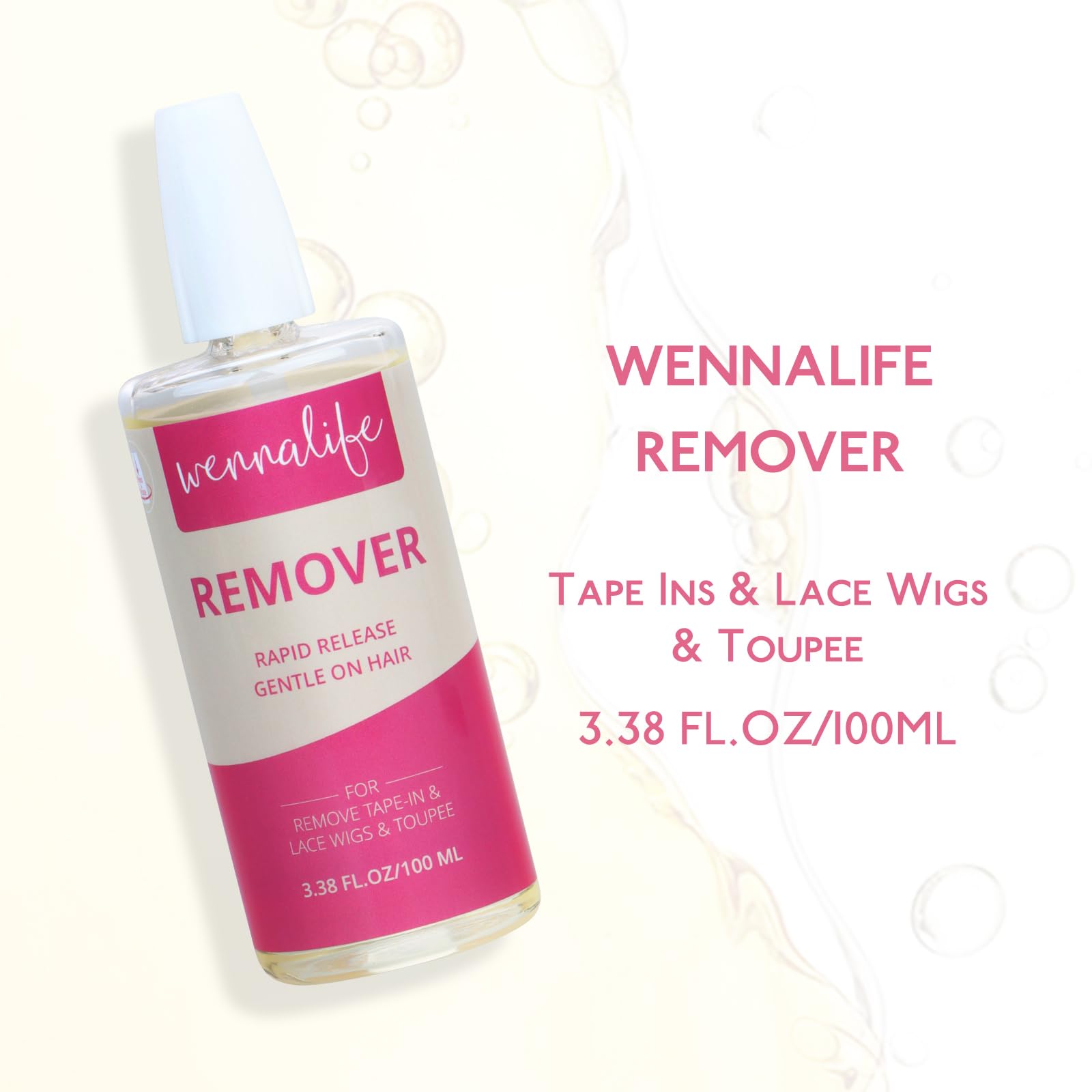 Wennalife Tape-In Extension Remover ingredients closeup: gentle formula supports clean glue removal.