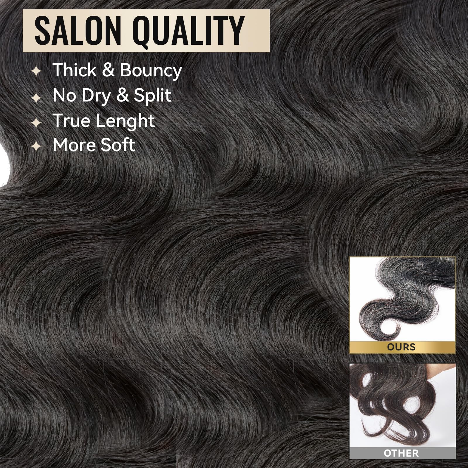 WEQUEEN body wave bundles 22-inch full head look with dramatic length.