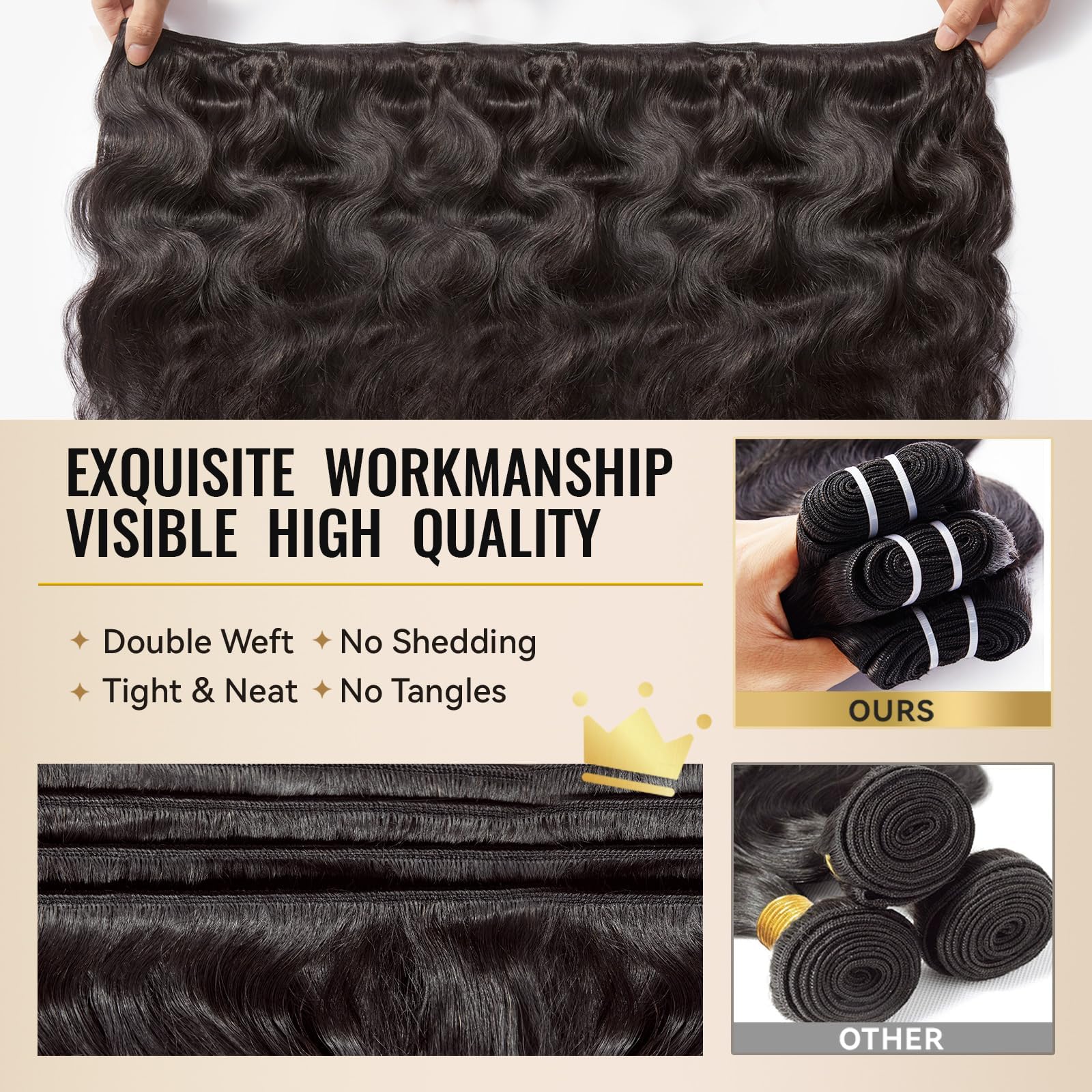 WEQUEEN bundles body wave full-head look using three bundles for volume.