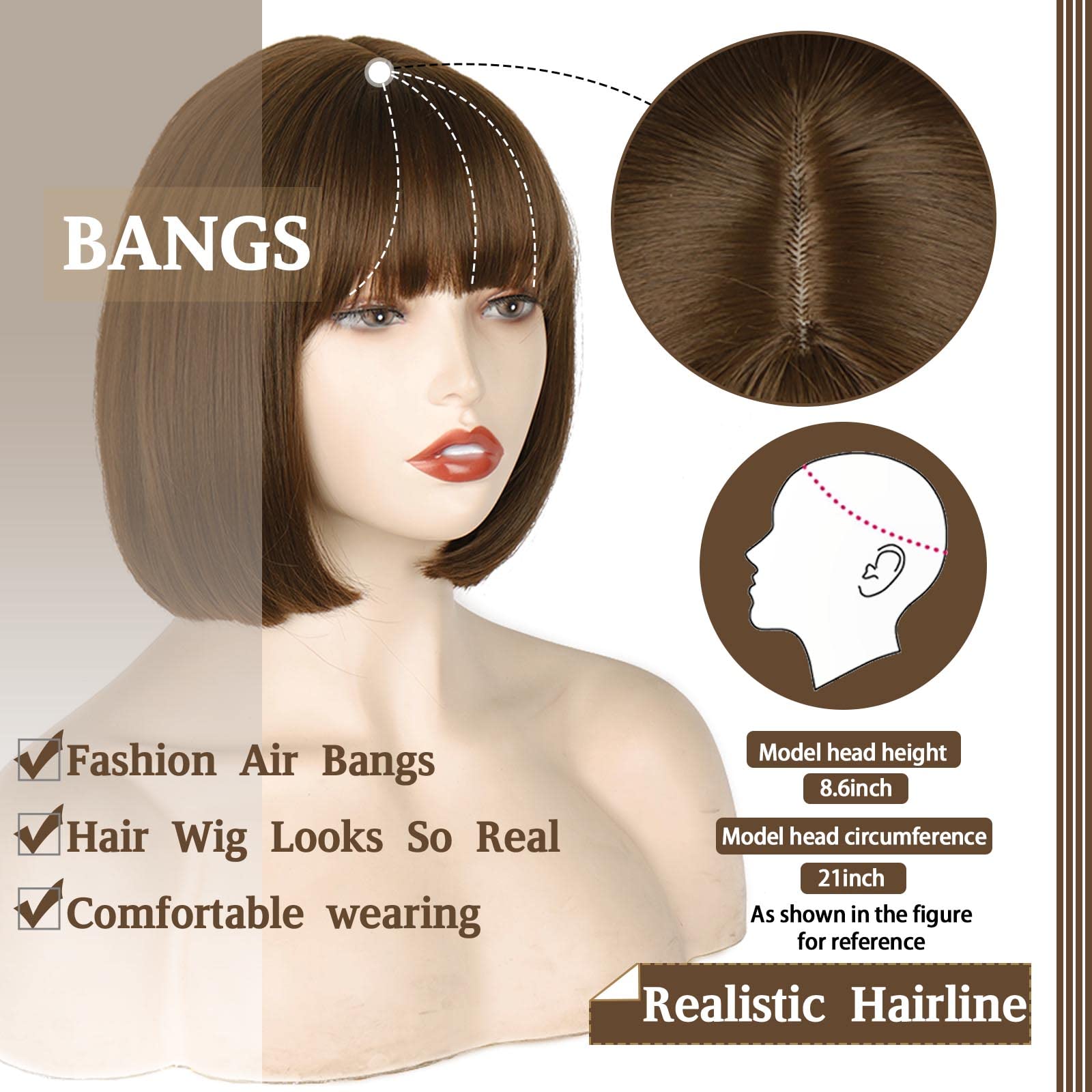 WERD bob wig with bangs rose mesh cap, breathable and comfortable