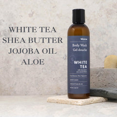 Westin White Tea Aloe body wash pour showing rich lather for refreshing cleanse.