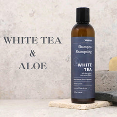 Front label of Westin White Tea Aloe Shampoo emphasizes paraben-free formula.