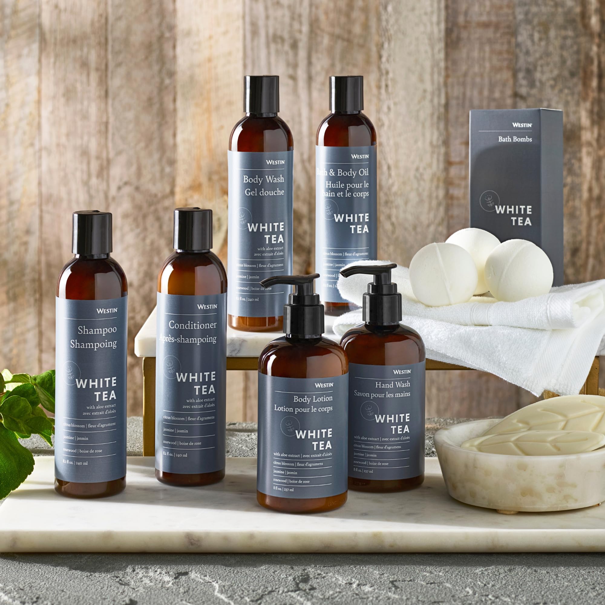 Scalp-nourishing scene with Westin White Tea Aloe Shampoo.