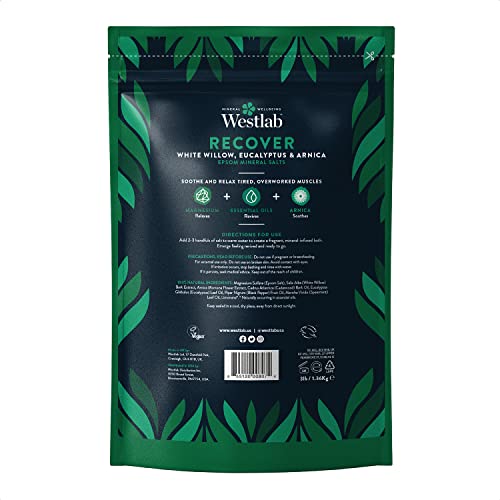 Closeup of Westlab Recover Epsom salts packaging for premium bath soak