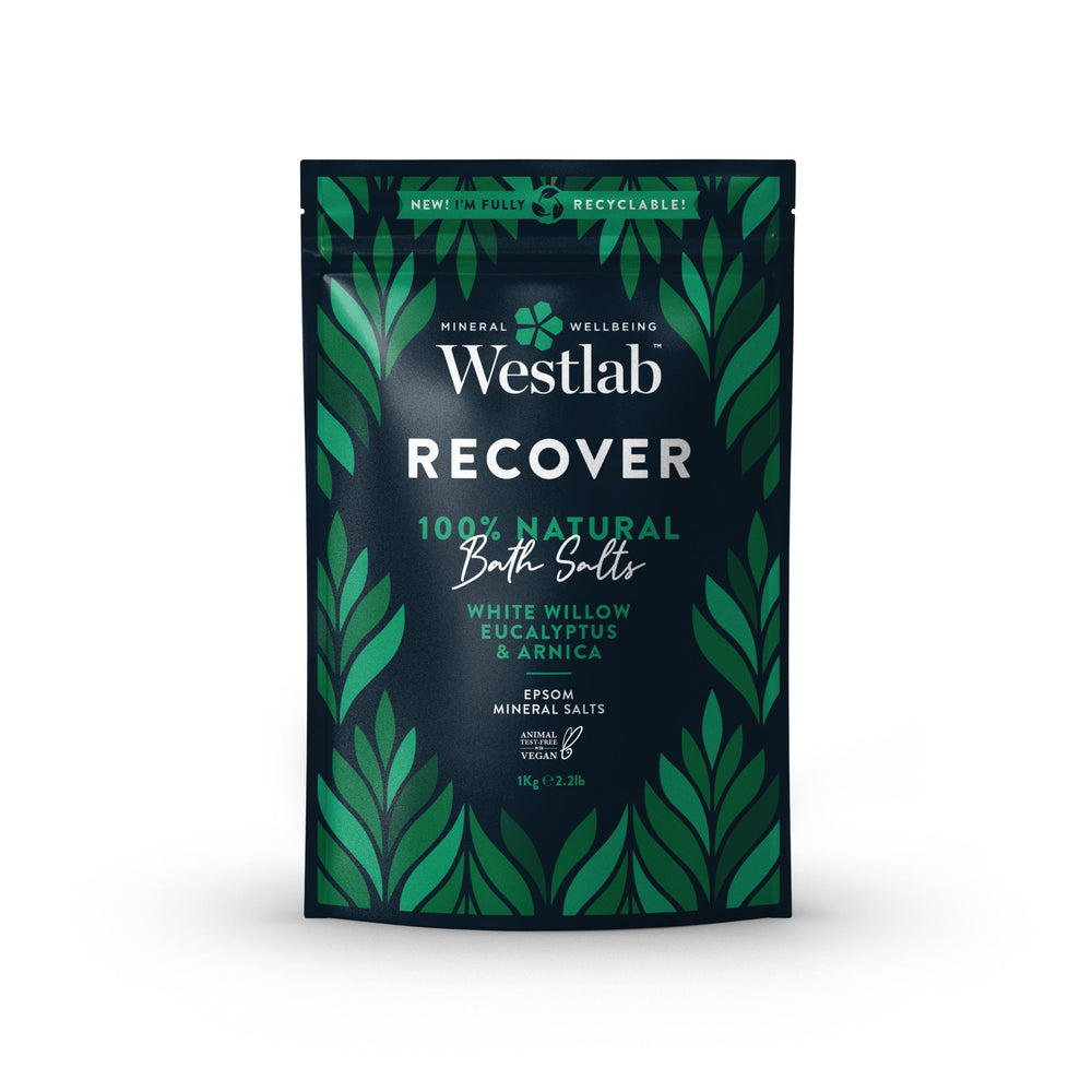 Westlab Recover Epsom salts in a 1kg resealable pouch with white willow and eucalyptus for bath use