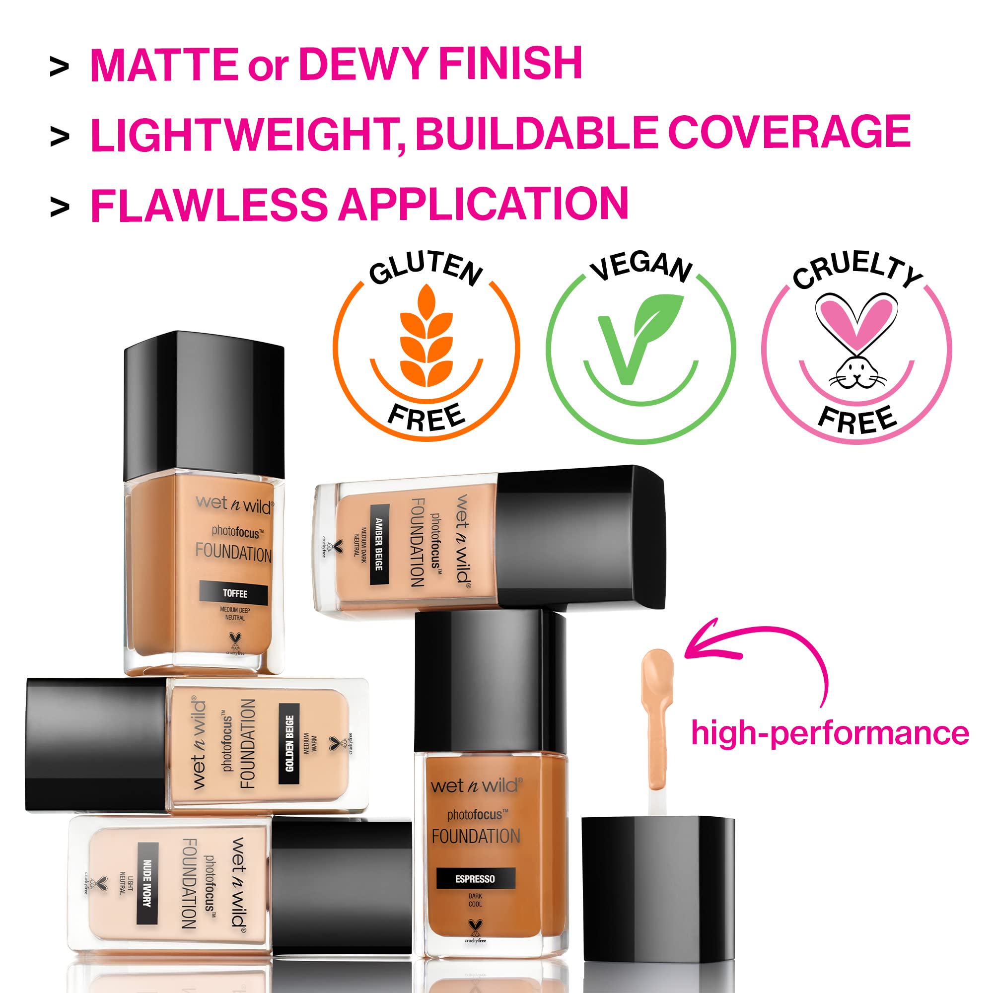 Wet n Wild Photo Focus Matte Liquid Foundation Amber Beige light-diffusing formula smooths texture.