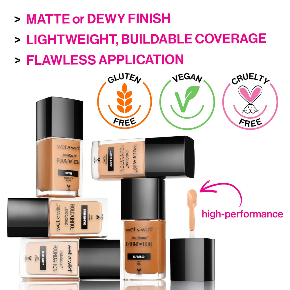 Wet n Wild Photo Focus Matte Liquid Foundation Amber Beige light-diffusing formula smooths texture.